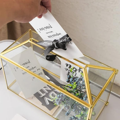 Glass Wedding Card Box with Slot, 12.6 inch Large Clear Card Box Gold Brass - Image 4