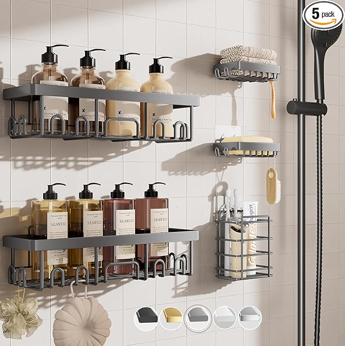 Veken Adhesive Shower Caddy 5-Pack, Heavy Weight Bearing, Large Wall Mounted by Veken