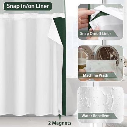 No Hook Shower Curtain and Liner Set, Dark Green Hotel Waffle Shower Curtain - Image 4