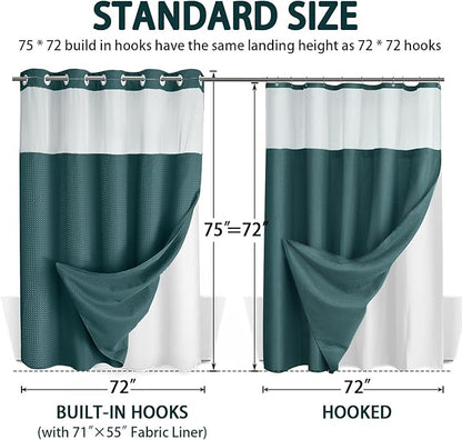 No Hook Shower Curtain and Liner Set, Seaweed Green Hotel Waffle Shower Curtain - Image 6