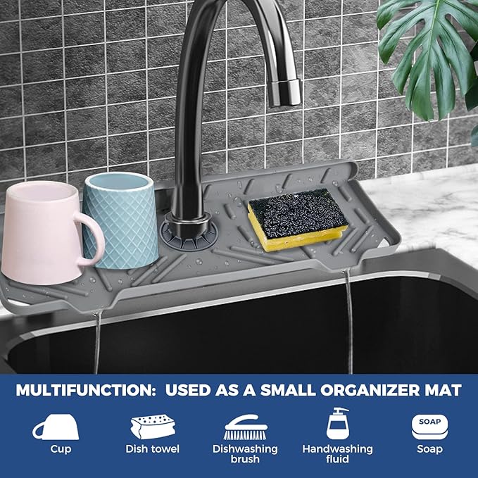 BFONS Silicone Faucet Handle Drip Catcher Drying Tray Mat Dish Soap Sponge - Image 3