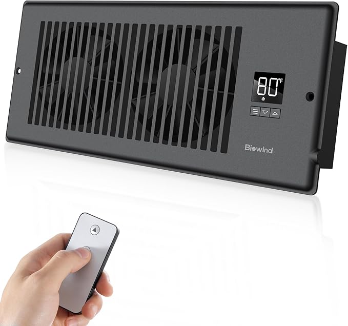 Quiet Register Booster Fan Fits 4" x 12" Register Holes, 10-Speed Smart Heating by BIOWIND