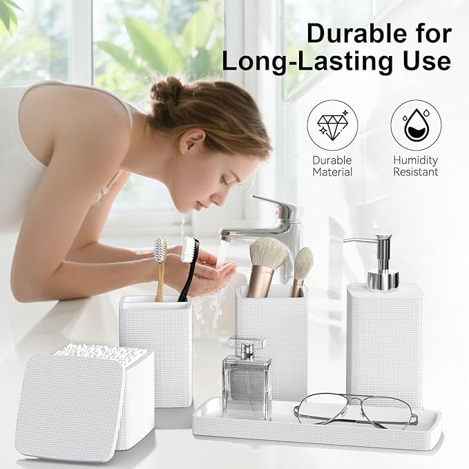 White Bathroom Accessories Set 5 Pieces, Resin Toothbrush Holders Set Complete - Image 3