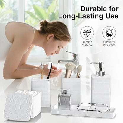 White Bathroom Accessories Set 5 Pieces, Resin Toothbrush Holders Set Complete - Image 3
