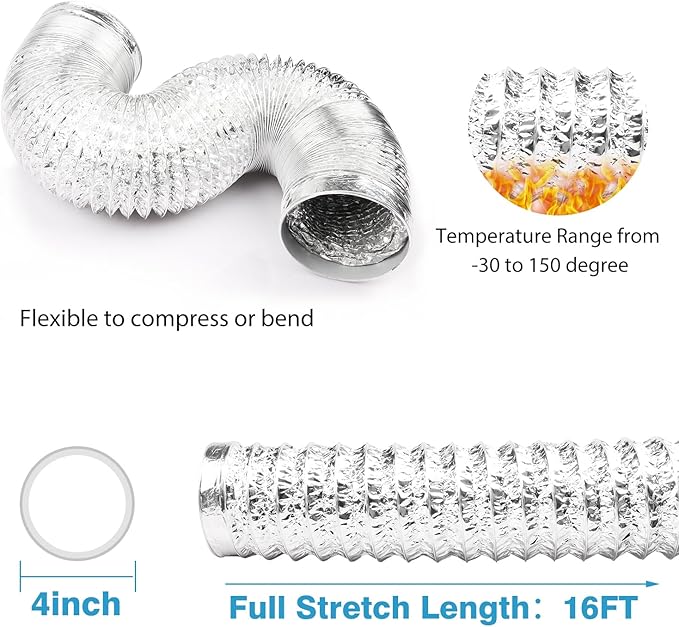 YIJUHOU 4 Inch 16FT Dryer Vent Hose, Flexible Aluminum air ducting - Image 2