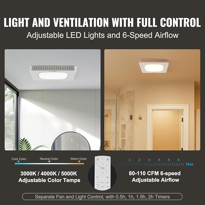 VEVOR Bathroom Exhaust Fan, 110 CFM High-Efficiency Ventilation, Remote Control - Image 6