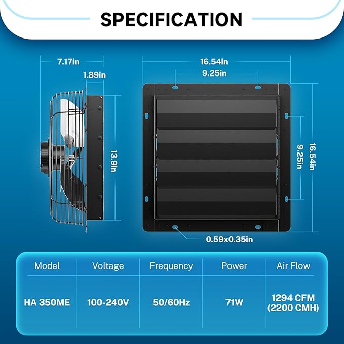 Hon&Guan Shutter Exhaust Fan, 14-Inch Wall Mount Attic Fan - Image 6