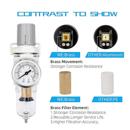 NANPU 1/4" NPT Compressed Air Filter Regulator Combo Piggyback, 5 Micron Brass - Image 5