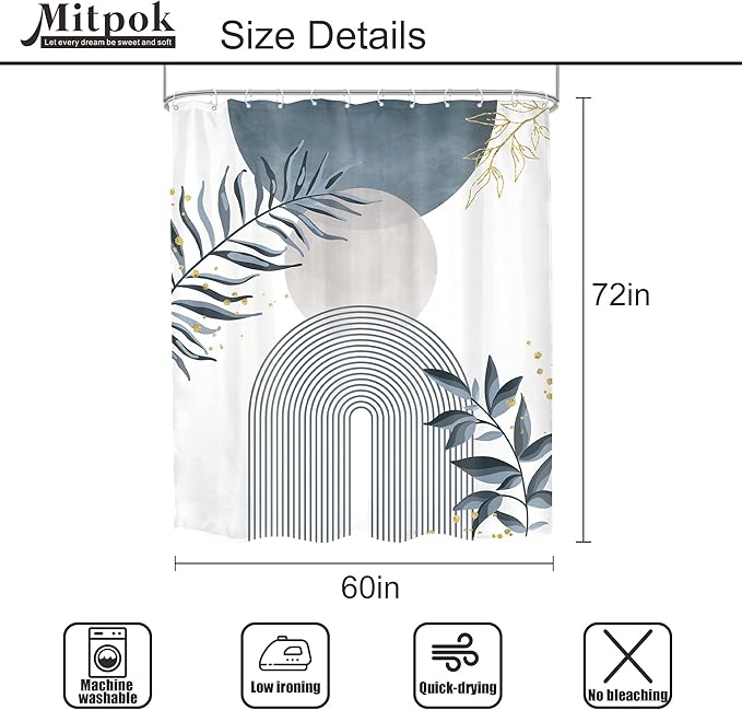 Blue Gray Boho Shower Curtain 60Wx72H Abstract Grey Bohemian Modern Leaves Mid - Image 5