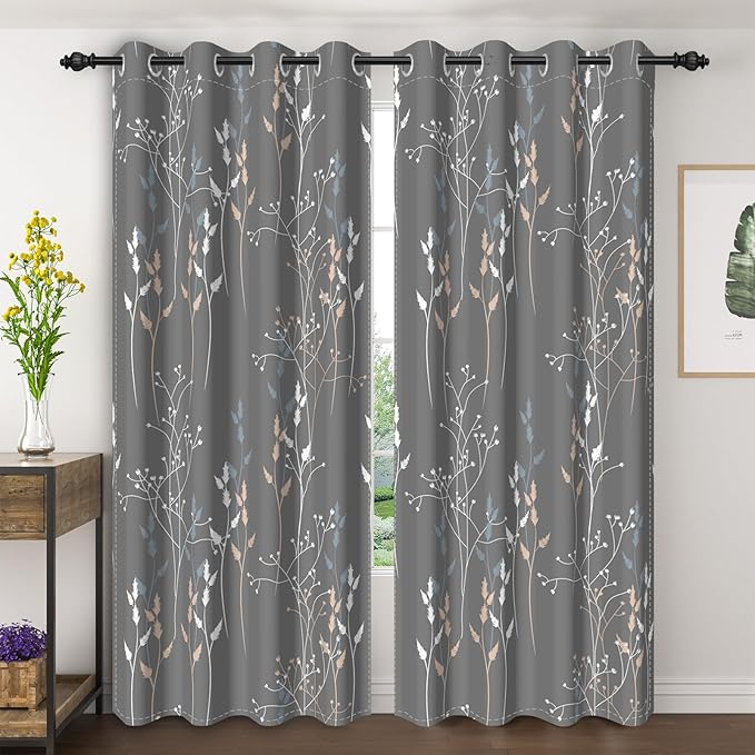 Gray-Blue Leaves Blackout Curtains 84 Inches, Room Darkening Curtains by Unknown
