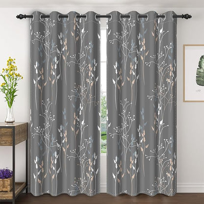 Gray-Blue Leaves Blackout Curtains 84 Inches, Room Darkening Curtains by Unknown