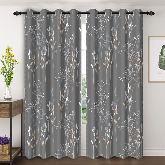 Gray-Blue Leaves Blackout Curtains 84 Inches, Room Darkening Curtains by Unknown