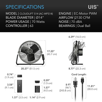 AC Infinity CLOUDLIFT S14, Industrial Wall Fan 14” - Image 7