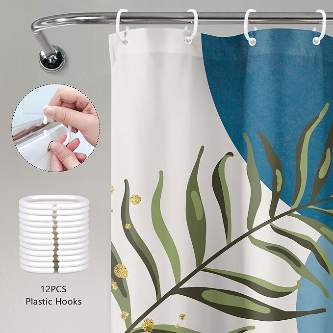 Blue Boho Modern Shower Curtain Mid Century Abstract Gold Green Leaves Sun Arch - Image 6