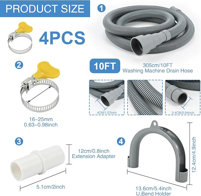 10ft Washing Machine Drain Hose Extension Kit, Universal 7PCS Set - Image 2