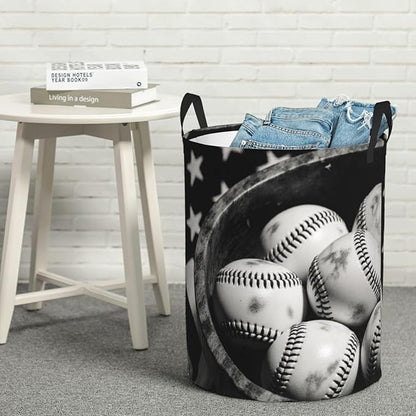Vintage Baseballs Retro Flag Display Design Round Laundry Hamper Bag by Unknown