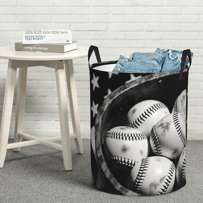 Vintage Baseballs Retro Flag Display Design Round Laundry Hamper Bag by Unknown