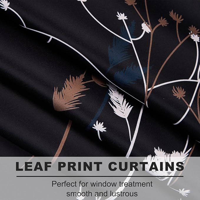 Black Leaves Blackout Curtains 63 Inch Length, Room Darkening Curtains - Image 2
