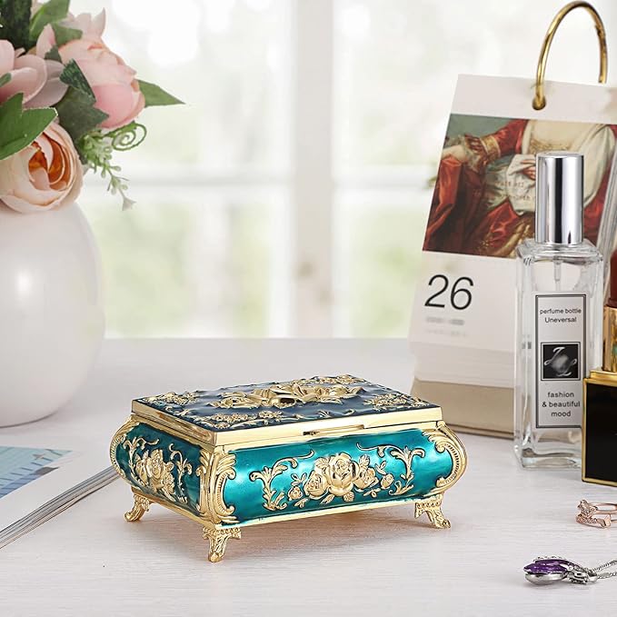 Hipiwe Vintage Metal Jewelry Box Small Treasure Chest Case Trinket Organizer - Image 7