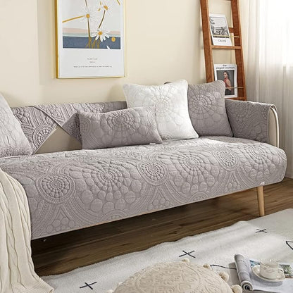 vctops Boho Circle Embroidery Couch Sofa Cover Solid Color Cotton Quilted - Image 3