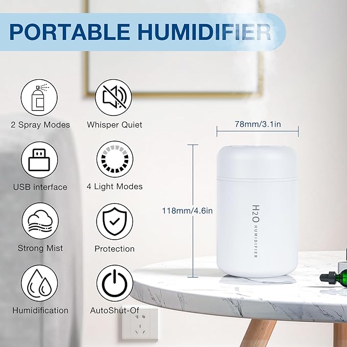 Portable Mini Humidifier, 300ml USB Cool Mist Small Humidifier - Image 2