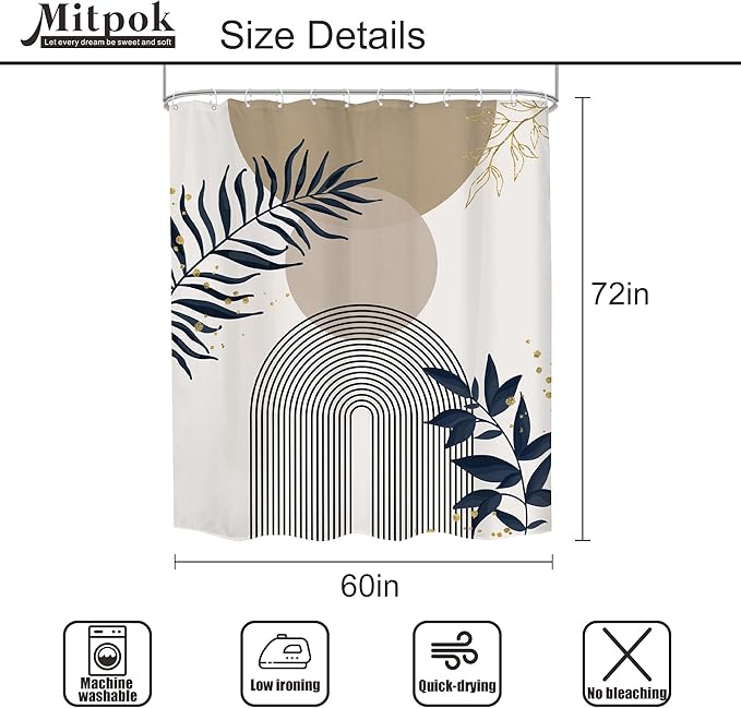 Boho Shower Curtain 60Wx72H Modern Mid Century Abstract Gold Leaves Bohemian - Image 4