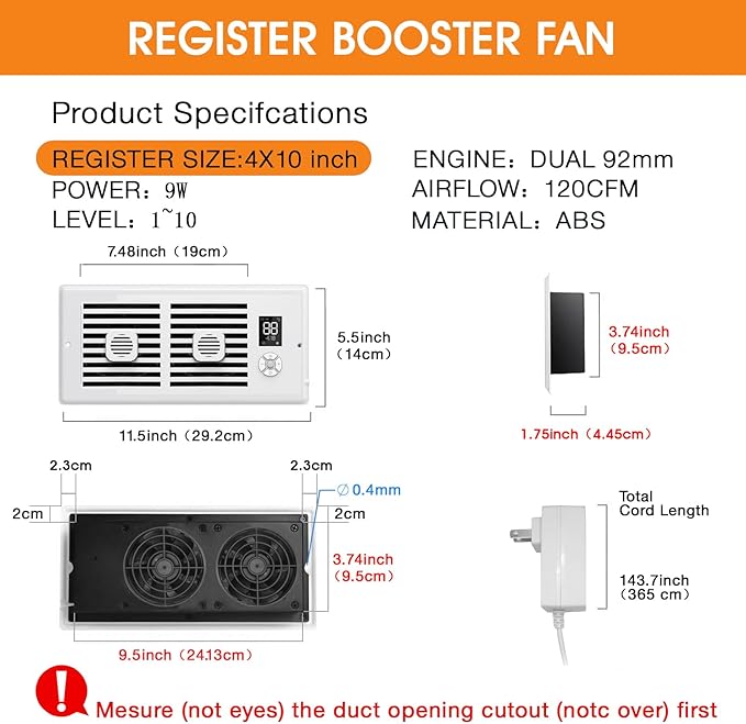 Register Booster Fan, 10-Speed Smart Thermostat AC Vent Fan - Image 4