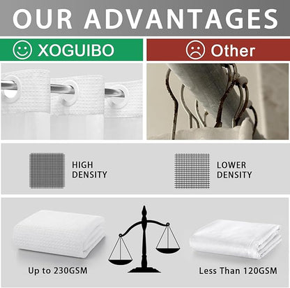 White Shower Curtain and Liner Set, 230GSM Waffle Weave Textured Heavy Duty - Image 2