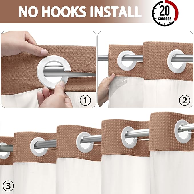 No Hook Shower Curtain and Liner Set, Mocha Brown Hotel Waffle Shower Curtain - Image 2