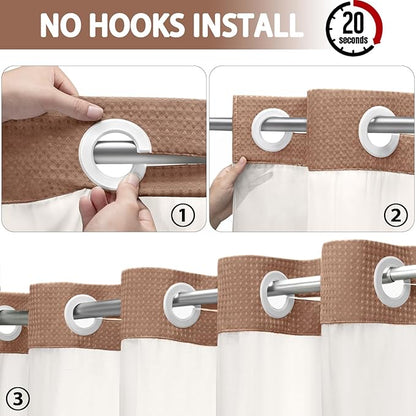 No Hook Shower Curtain and Liner Set, Mocha Brown Hotel Waffle Shower Curtain - Image 2
