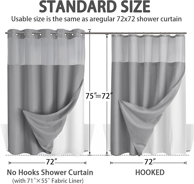 Grey Shower Curtain and Liner Set, 230GSM Waffle Weave Textured Heavy Duty - Image 6