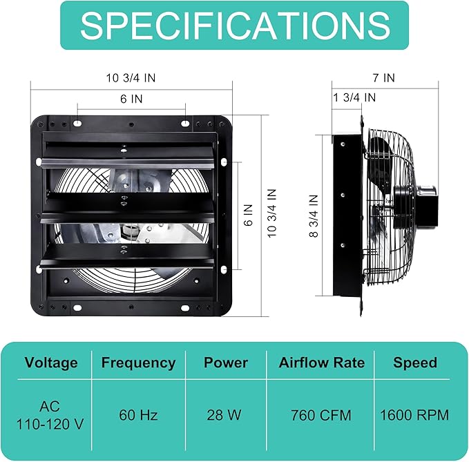 7 Inch Shutter Exhaust Fan for Greenhouse, Chicken Coop Ventilation, Wall Mount - Image 2