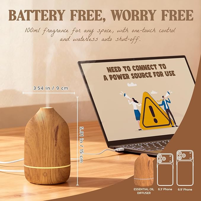Essential Oil Diffuser, 100ml Aromatherapy Diffuser, Mini Ultrasonic Diffuser - Image 3