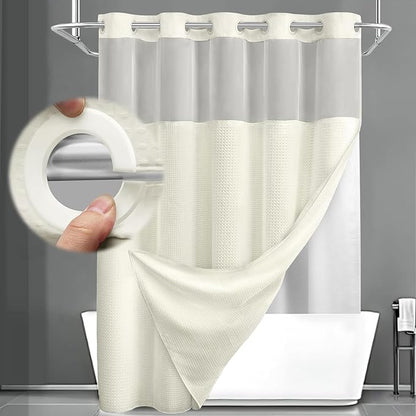 No Hook Shower Curtain and Liner Set, Cream Hotel Waffle Shower Curtain by Unknown