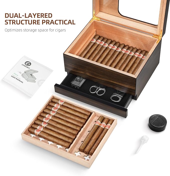 Cigar Humidor, Modern Glass Top Cedar Humidor Cigar Box - Image 2