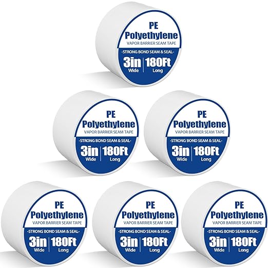 Treela 6 Rolls Vapor Barrier Tape 3" x 180' 9 Mil White Polyethylene Tape by Treela