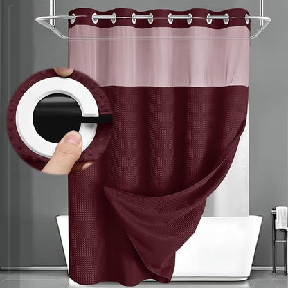 No Hook Shower Curtain and Liner Set, Burgundy Hotel Waffle Shower Curtain by Unknown