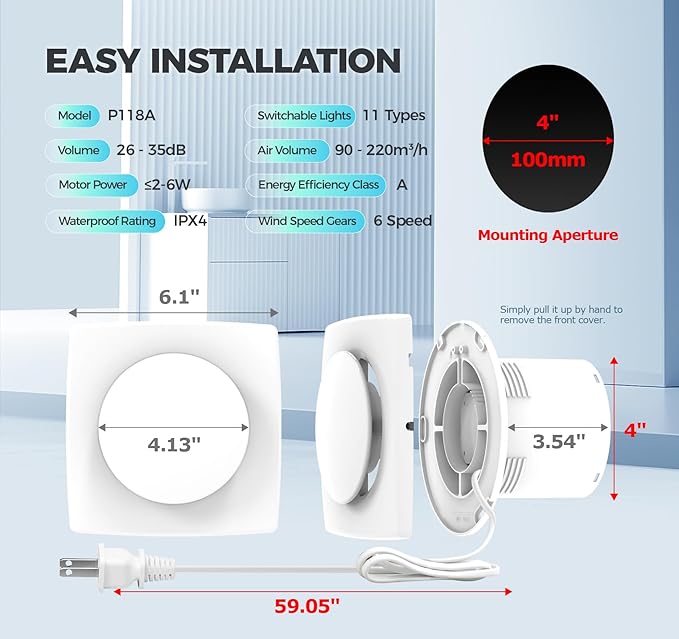 Bathroom Exhaust Fan with Light, 10 RGB Lights 3000 RPM Upgraded 2 Way 6 Speed - Image 7