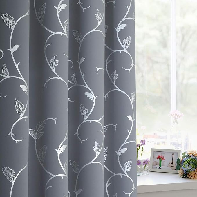 BUHUA Kids Room Darkening Curtains Silver Floral Print Blackout Curtains - Image 3