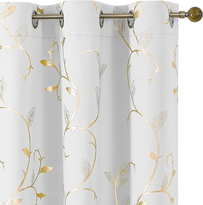 BUHUA Blackout Curtains Gold Foil Print Flower Vine Grommet Drapes, Room by BUHUA