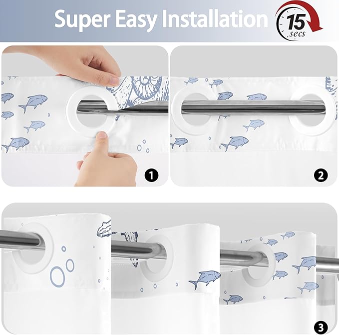 No Hook Shower Curtain with Snap in Liner, Beach Ocean Nautical Coastal Shower - Image 5