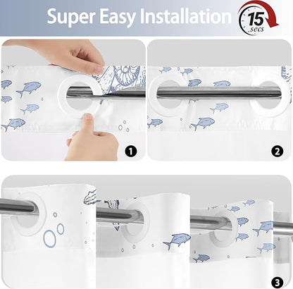 No Hook Shower Curtain with Snap in Liner, Beach Ocean Nautical Coastal Shower - Image 5