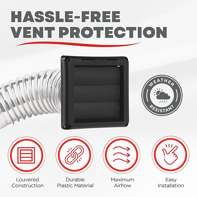 Deflecto Supurr-Vent 4” Outdoor Dryer Vent Cover Black Louvered Wall Hood - Image 2