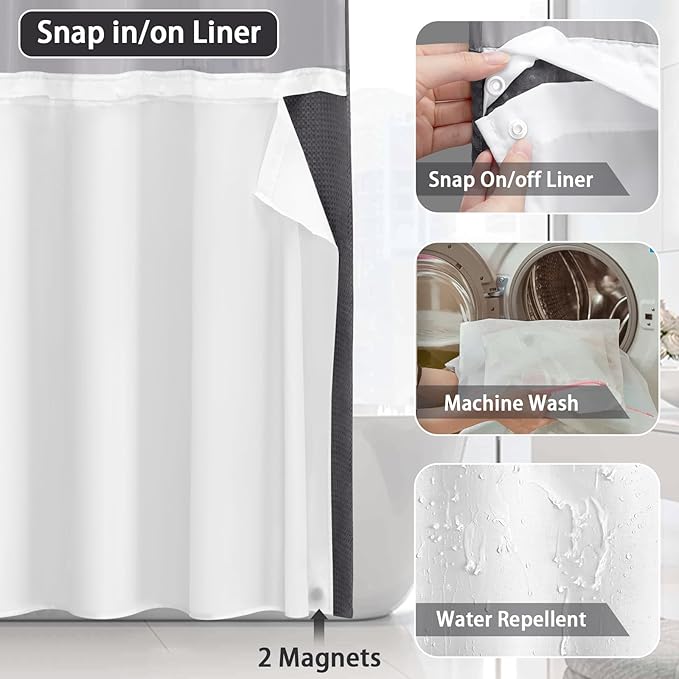 No Hook Shower Curtain and Liner Set, Dark Grey Hotel Waffle Shower Curtain - Image 4