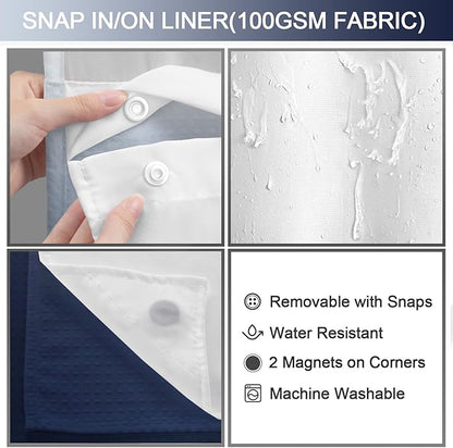 No Hook Shower Curtain and Liner Set, Ombre Blue Hotel Waffle Shower Curtain - Image 3