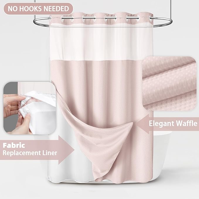 No Hook Shower Curtain and Liner Set, Blush Pink Hotel Waffle Shower Curtain - Image 3