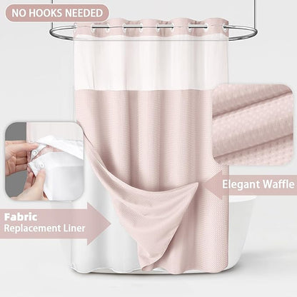 No Hook Shower Curtain and Liner Set, Blush Pink Hotel Waffle Shower Curtain - Image 3