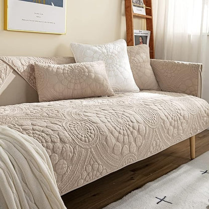 vctops Boho Circle Embroidery Couch Sofa Cover Solid Color Cotton Quilted by vctops