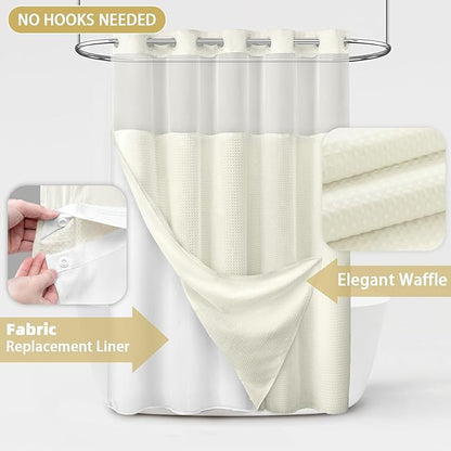 No Hook Shower Curtain and Liner Set, Cream Hotel Waffle Shower Curtain - Image 3