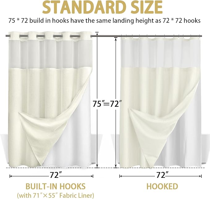 No Hook Shower Curtain and Liner Set, Cream Hotel Waffle Shower Curtain - Image 6